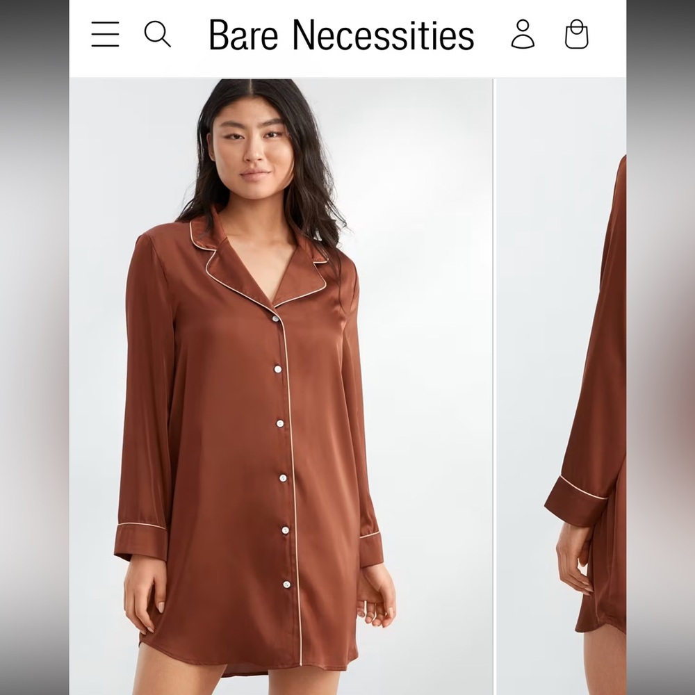 Bare Necessities Brown Satin Long-Sleeve Sleep Shirt with Contrast Piping